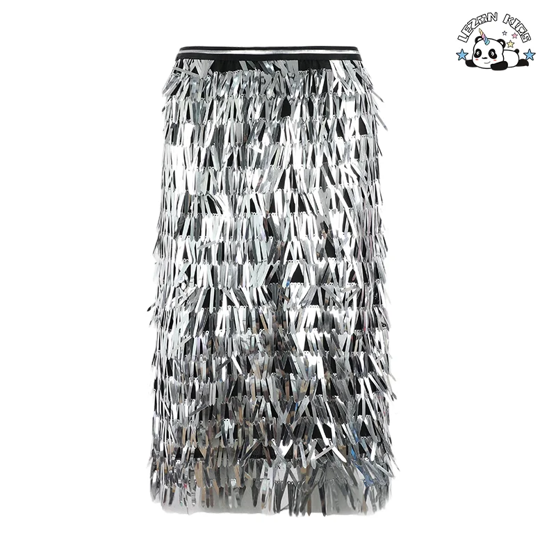 LEZONKIDS - Super Fantasy Color Tassel Sequins High Waist Hip Wrap Skirt Half Skirt Reworked Color Beads Slim Fit One Step Skirt Mid Length